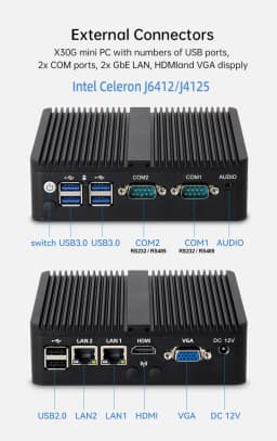 Fanless Industrial Mini PC Celeron J6412 J1900 J2900 N2840 2x COM RS232/RS485 2x Ethernet WiFi 4G LTE SIM Slot Windows Linux