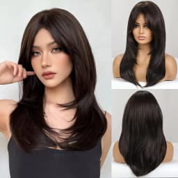 Synthetic Dark Brown Wig Straight Layered Wigs for Women Shoulder Length Hair Wig With Bangs Heat Resistant Party Daily Use