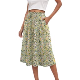 Summer Long Maxi Skirt Women's Elegant Mini Floral Pleated Skirts High Waist A Line Below Knee Casual Skirts With Pockets