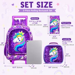 3-Piece Rolling Backpack for Girls and Children Roller Bag with Lunch Bag and Pen Bag Design of Unicorn Pattern Luminous Functio