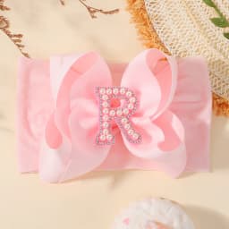 26 Letters Pink Big Bows Pearl Headbands for Baby Girls 5.98'' Wide Nylon Knotted Soft Elastic Hair Bands Wraps Headwear 1PCS