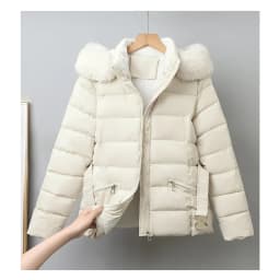 Winter Solid Color Long-sleeved Fur Collar Hooded Short Down Cotton Jacket Women's Slim Winter Thickened Versatile Warm Jacket