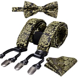 Burgundy Black White  Mens Suspender Adjustable 6 Clips Jacquard Braces Bowtie Hanky Cufflinks Set Silver Gold