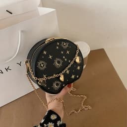 Mini Embroidered Round Bag, Chain Heart Decor Crossbody Bag, Star Moon Pattern Circle Purse Valentine's Day gift