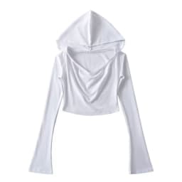Flare Long-sleeve Hooded Crop Top Women Fall Solid Color Elastic Casual Tee Shirt Pullover Pile Collar Y2k T-shirt