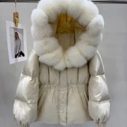OFTBUY 90% White Duck Down Real Fox Fur Puffer Coat Drawstring Waist Winter Outerwear For Cold Weather Women Short Down Parka