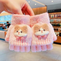 Korean Cute Kids Cartoon Cat Bow Flip Plush Mittens 6-12 Years Old Children Winter Warm Convertible Half Finger Writing Gloves
