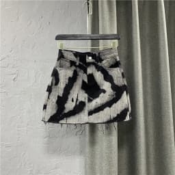 Black Gray Tie Dye Denim Short Skirt High Waist Personalized Pattern Denim Skirt Fringed A-line Skirt Fashion Versatile Skirt