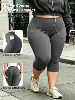 Capri Plus Size Leggings for Women with Pockets-Stretchy Tummy Control High Waist Workout Black Yoga Pants