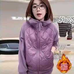 Korean Style Women's Fleece Lined Hooded Jacket Patchwork Cotton Insert Warmth Anti Aging Top for Autumn Winter Commute