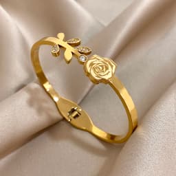 Greatera Stainless Steel Double Flower Cuff Bracelet Bangle for Women Gold Color Metal Floral Bracelets Waterproof Party Jewelry