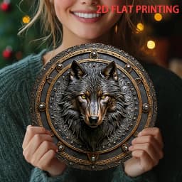 2D Flat, Wolf Head Emblem Metal Shield Wall Decor - 8 Inch Round Wrought Iron Wolf Head Sign, HD 2D Printed Door-Mounted Emblem
