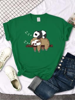Panda Lying On A Sloth Printed Woman T-shirt Round Neck New Tshirts Fit Tee Shirt Oversized Short Sleeve Womens Tshirts