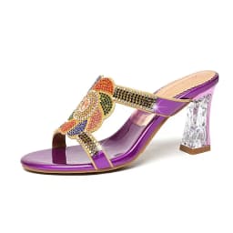 Summer New Comfort Non-slip High Heel Genuine Leather Crystal Inlaid Diamond Women's Beach Fashion Versatile Bohemian Shoes