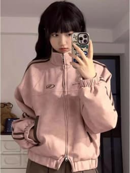 Short Suede Jacket Double Zipper Loose American Retro Jacket for High School Students Pink Autumn Winter Girls Outerwear