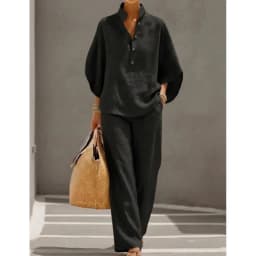 Fashion Cotton Linen Button Stand Collar 9 Quarter Sleeves Loose Women's 2-piece Suit Spring Casual Wide Leg Pants Suit Female