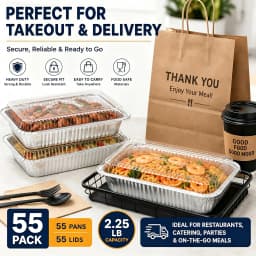 55 Pack 8.5' X 6' Aluminum Pans with Lids, 2.25 LB Foil Food Containers Heavy Duty Tin Foil Pans with Clear Plastic Covers for Meal Prep, Baking, Freezer Storage, Takeout & Catering
