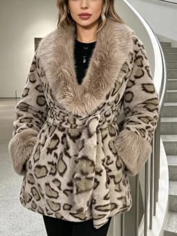Tie Waist Faux Fur Coat Leopard Pattern Shawl Lapel Furry Cuff Splicing Long Sleeve Loose Chic Jacket 2026 Women's Fashion Coats