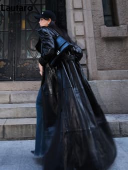Lautaro Spring Autumn Cool Extra Long Black Loose Pu Leather Trench Coat for Women with Shoulder Pads Belt European Fashion 2024