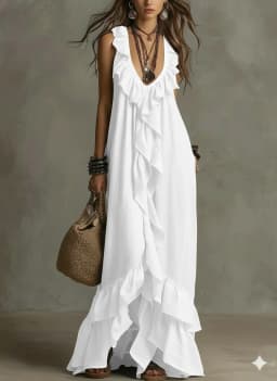 Loose Casual Dress Spring Summer Solid Color Elegant Fashion Bohemian Style Ruffled Loose Waist Sleeveless V-Neck Long Dresses
