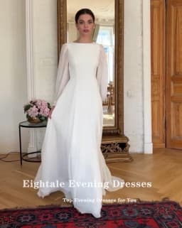 Eightale Boho Wedding Dress Customized O-Neck Long Sleeves White Ivory A-Line Chiffon Muslim Bridal Gown Vestido De Noiva