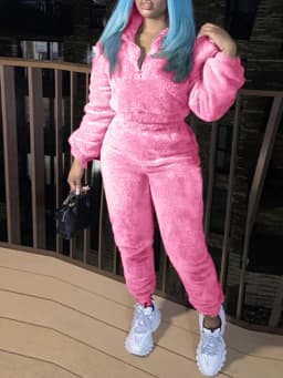 Women Two Pieces Pant Sets Fuzzy Solid Matching Set Long Sleeves Coat Elastic Waist Straight Pants Slim Fit Casual 2026 Autumn