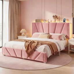 Queen Bed Frame with LED Lights & USB, Noise-Free, Grey | Adjustable Velvet Headboard,Under-Bed Storage,Heavy Duty, Customized