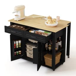 120cm Modern Extendable Kitchen Island with Bar Counter 2 Drawers 2 Cabinet Doors Mobile Kitchen Cart with Sockets