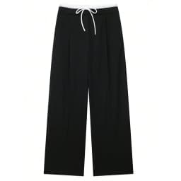 HH Womens Versatile Soft Black Wide Leg Pants Contrast Waistband Drawstring Pleated for Daily Casual Date Outings