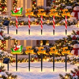 5pcs/set Christmas Solar Stake Lights Santa Sleigh & Reindeer & Sled Outdoor Solar Pathway Light For Garden Yard Festive Decor