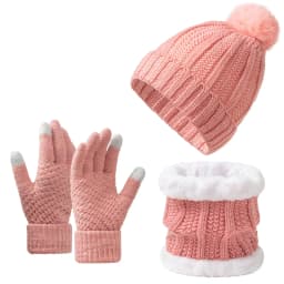 3Pcs Winter Knitted Beanie Hat Scarf Gloves Set Fleece Lined Pom Pom Hat Touchscreen Gloves Neck Warmer for Women Men Outdoor