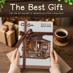 CUTEBEE Kissa Coffee Book Nook Kit 3D Wooden Puzzle Dollhouse with LED Light DIY Miniature House Model