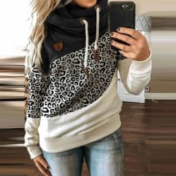 Customizable 2024 New UZZDSS Women Patchwork Hooded Sweatshirt Leopard Print Drawstring Hoodie Casual Long Sleeve Pullover Tops