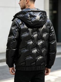 Men's Shiny Black Hooded Puffer Jacket Embossed Logo Warm Winter Coat Elastic Rib Hem Casual Outerwear