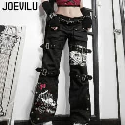 Y2K Metal Button High Waisted Straight Leg Jeans Drop Crotch Print Streetwear Pants Hip Hop Cargo Denim Trousers for Women