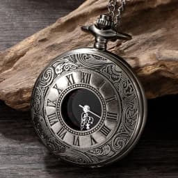 Large classical black dual display Roman retro watch with black face, Roman letters, white needles, nostalgic pocket watch