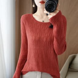 Autumn New Ladies Soft Breathable Sweater Wool Blend O-Neck Pullover Curved Hollow Out Knitted Sweater Slim-Fit Commuter Tops