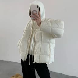 Korean Knit Hood Patchwork Short Puffer Jacket Women Loose Lightweight Warm Padded Parkas Women Solid Color Zipper Winter Jacket