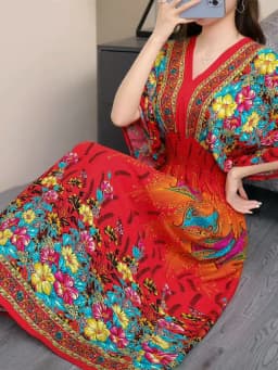 n Long Print Dr V-Ne Slimming Cotton Silk Beachwear Casual High Waist Summer Women's Loose Fit Overhead Dr