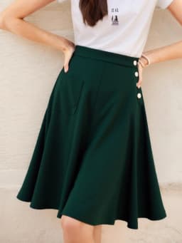 Tonval One Pocket Front Buttons Side Swing Skirt 2025 Vintage Clothes for Women Green Elegant Plain Skirts