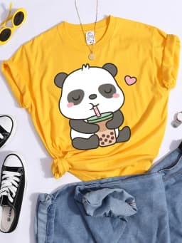Kawaii Panda And Its Favorite Bubble Tea Female T-Shirt Street Personality Crop Top Summer Casual Tees Shirts Cool Sport Tshirts