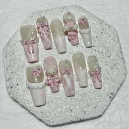 10PCS Cute 3D Bow Teddy Bear Pink French Handmade Press On Nails Lolita Kawaii Bunny Long Fake Nails Pearls Glitter Nail Art