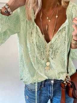V-neck Hollow Air Quality Commuting Loose Printed Solid Color Lace Shirt Women Beach Vacation New Versatile Long-sleeved T-shirt