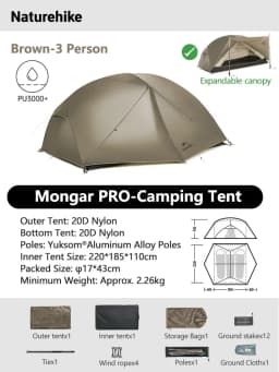 Naturehike Mongar 1 2 3 Base/UL/PRO Camping Tent Ultralight Outdoor Waterproof Hiking Tent 1 2 3 Person Backpacking Tent