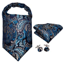 Hi-Tie Silk Mens Ascots Hanky Cufflinks Set Jacquard Paisley Floral Cravat Tie Self Vintage Ascot Black Gray Red Gold Pink Blue