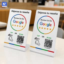 Spanish English QR Code NFC Standing Sign Google Review NFC215 Review Stand Click URL Unlimited Modification Editing QR Codes