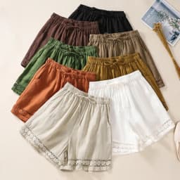Casual Solid Linen Cotton Lace Floral Summer Short Pants Loose Elastic Waist Boho Beach Wear Shorts for Women Bottom