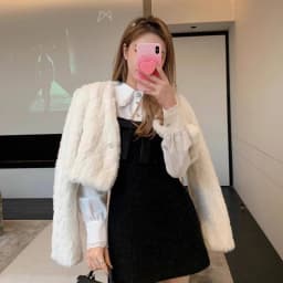Chic V Neck Cropped Faux Rabbit Fur Jacket Women Elegant Single Button Plush Coats Woman Autumn Winter Fluffy Fleece Outerwear
