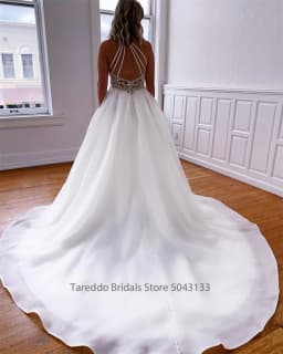 Customized Halter Neckline Keyhole White Organza Wedding Dress Open Back Beading Belt Bridal Dress baratos con envio