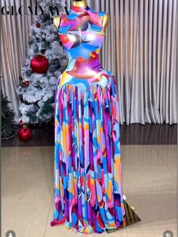 CM.YAYA Women's Tie Dye Printed Mesh See Though A-line Maxi Dress 2026 Street Education Party Cocktail Night Out Long Dresses